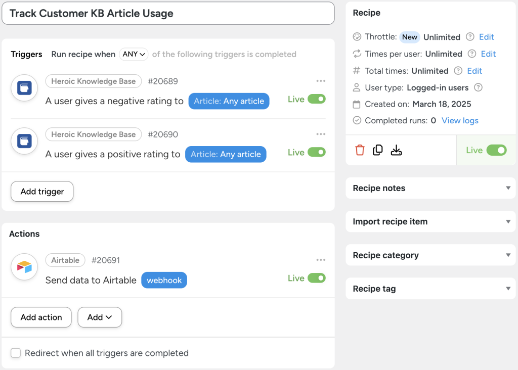 An Automator recipe demonstrating a Heroic Knowledge Base automation that tracks customer feedback on knowledge base articles. It logs both positive and negative ratings and sends the data to Airtable via a webhook for analysis.