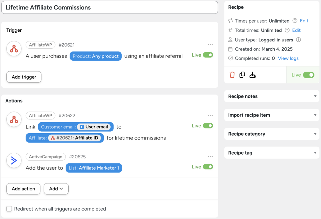 Uncanny Automator recipe to connect ActiveCampaign to AffiliateWP by linking customer emails to affiliates for lifetime commissions and email marketing segmentation.