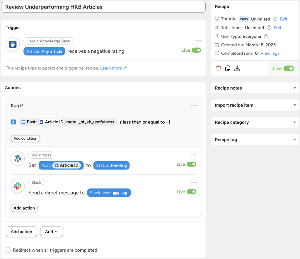 An Automator recipe showcasing a Heroic Knowledge Base automation that flags underperforming articles. When an article receives a negative rating, its usefulness score is checked, and if below a threshold, the status is set to pending in WordPress, and a Slack notification is sent.