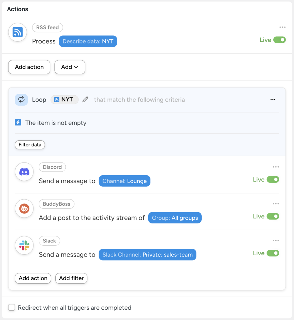 Automation recipe in Uncanny Automator for sending an RSS feed to Discord, Slack, and BuddyBoss groups.