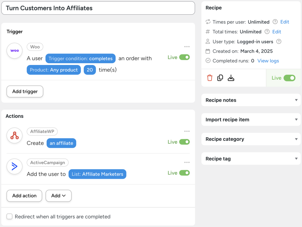 Uncanny Automator recipe to connect ActiveCampaign to AffiliateWP by converting loyal Woo customers into affiliates.