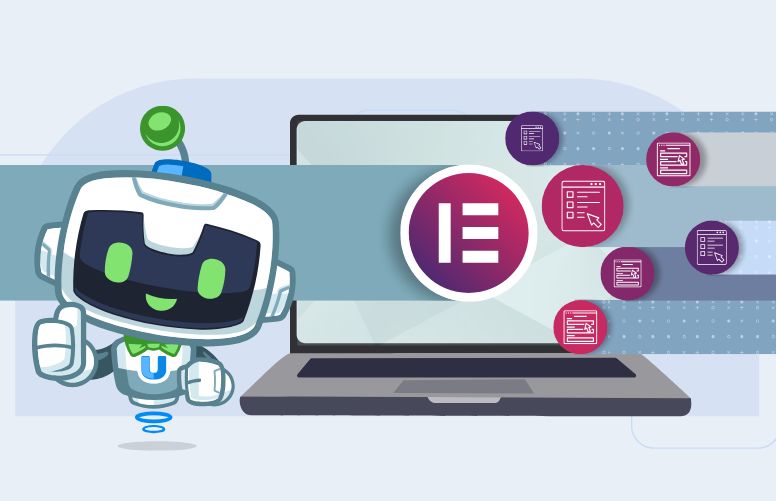 Automator mascot, U-Bot, gives a thumbs-up beside a laptop screen displaying the Elementor logo, with forms flying in from the right—visually promoting how to automate Elementor forms.