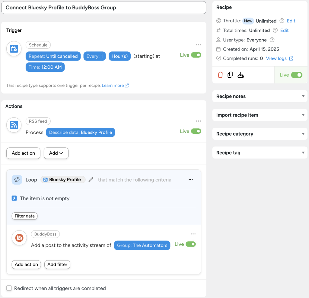 Uncanny Automator recipe that imports a Bluesky RSS feed every hour and posts new feed items to a BuddyBoss group activity stream.