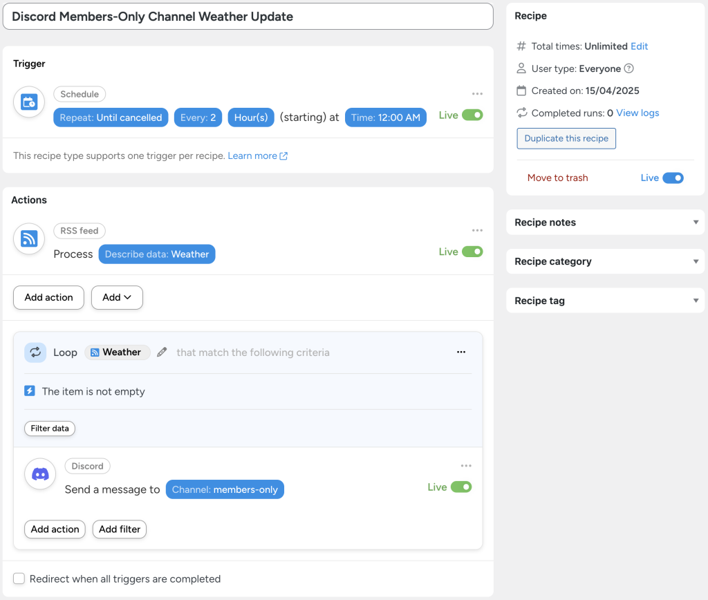 Uncanny Automator recipe that processes a weather RSS feed every 2 hours and sends updates to a private Discord members-only channel.