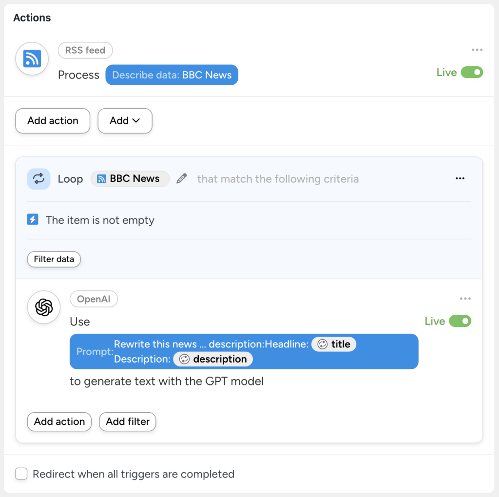 Uncanny Automator recipe using GPT-4 to rewrite BBC News RSS feed items by processing each non-empty item and sending the title and description as a custom prompt to generate new content.