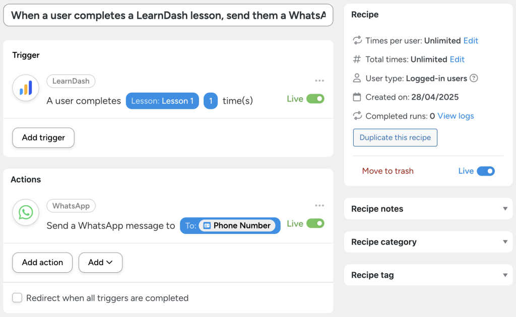 Uncanny Automator recipe showing how to connect LearnDash to WhatsApp: when a user completes a LearnDash lesson, the automation sends a WhatsApp message to the user's phone number.