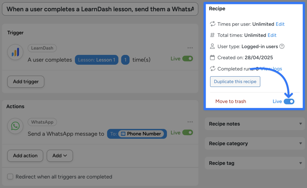 Automator recipe showing how to connect LearnDash to WhatsApp: when a user completes a LearnDash lesson, the automation sends a WhatsApp message to the user's phone number. The “Live” toggle is highlighted.