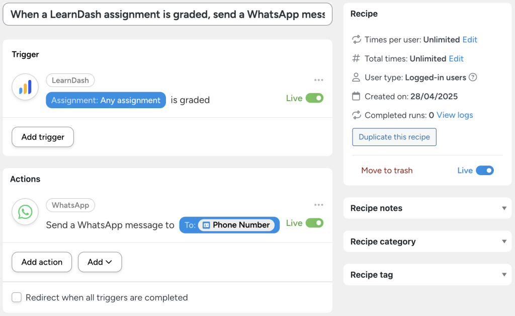 Automator recipe: When an assignment is graded, send a WhatsApp message to a WhatsApp phone number.