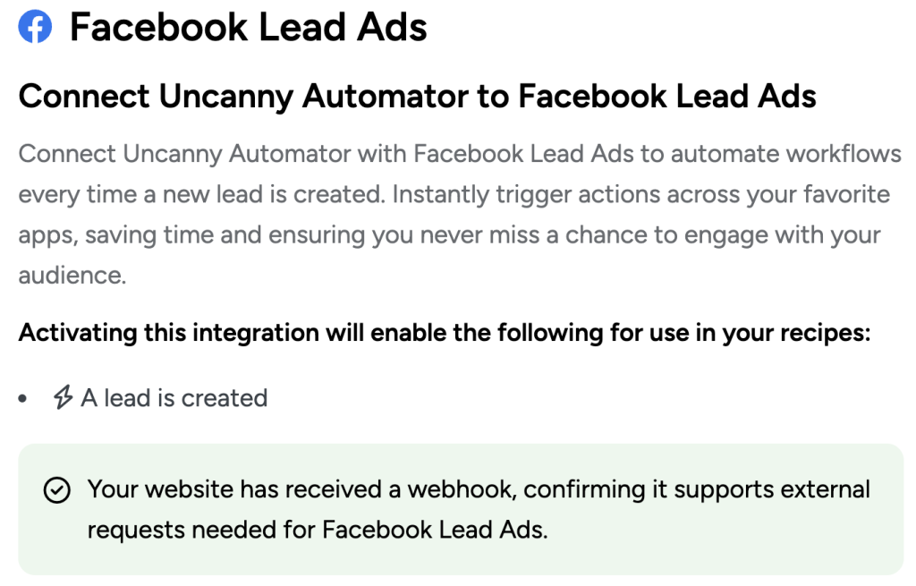 Screenshot of the Facebook Lead Ads integration screen in Uncanny Automator. It confirms that the website supports external requests via webhook and explains that connecting Uncanny Automator with Facebook Lead Ads enables automated workflows when a new lead is created.