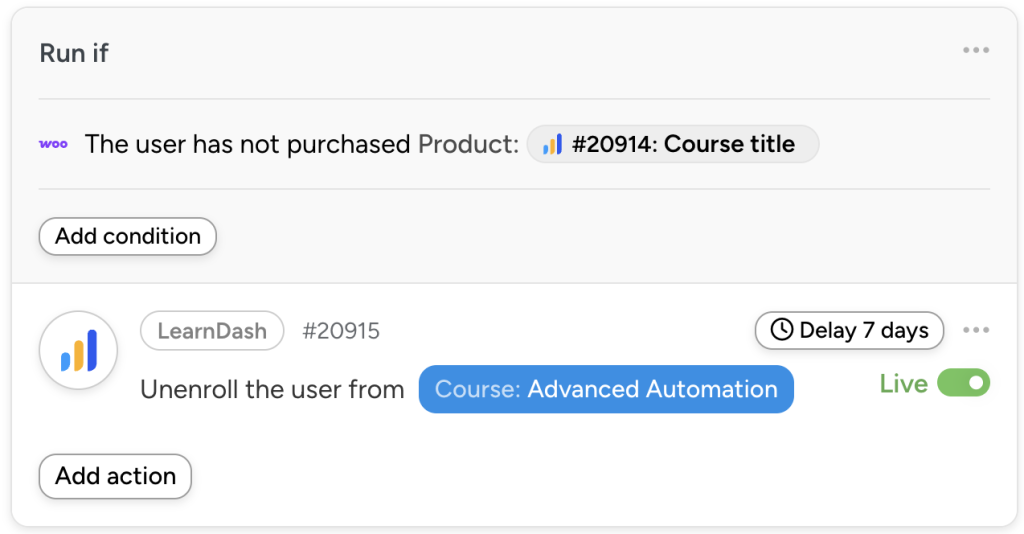 Uncanny Automator action that unenrolls users from a LearnDash course 7 days after submitting Elementor forms—unless they’ve purchased the related WooCommerce product.