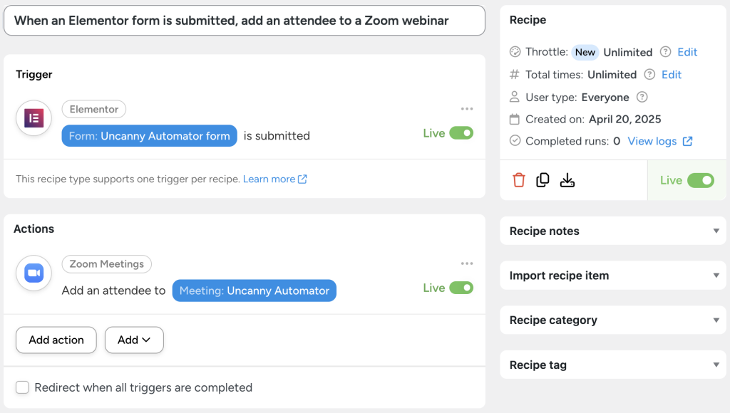 Automator recipe that uses Elementor forms to automatically add attendees to a Zoom webinar.