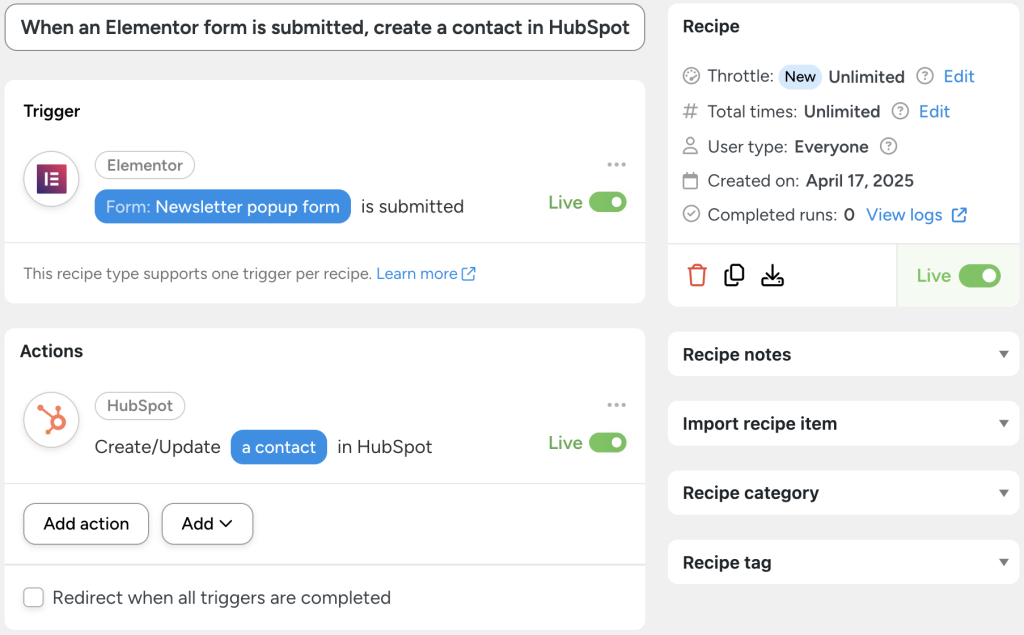 Uncanny Automator recipe that shows how to automate Elementor forms by creating a new HubSpot contact when a newsletter popup form is submitted.