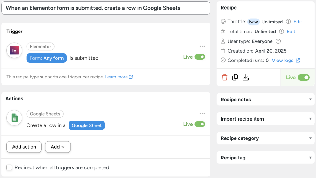 Automator recipe showing how to use Elementor forms to automatically create a new row in Google Sheets whenever any form is submitted.