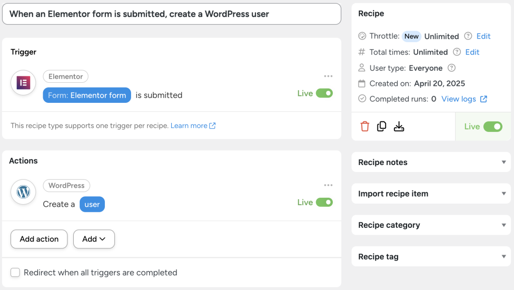 Automator recipe that uses Elementor forms to create a new WordPress user when a form is submitted.