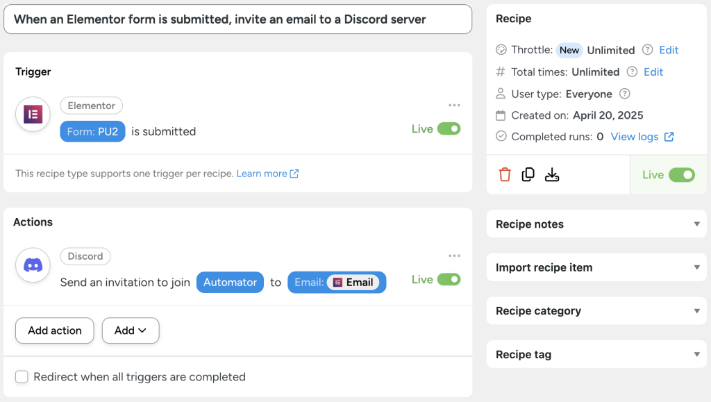 Automator recipe showing how to use Elementor forms to automatically invite users to a Discord server based on submitted email addresses.