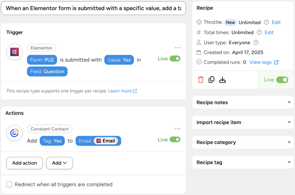Uncanny Automator recipe that shows how to automate Elementor forms by tagging a contact in Constant Contact when a specific value is submitted in a form field.