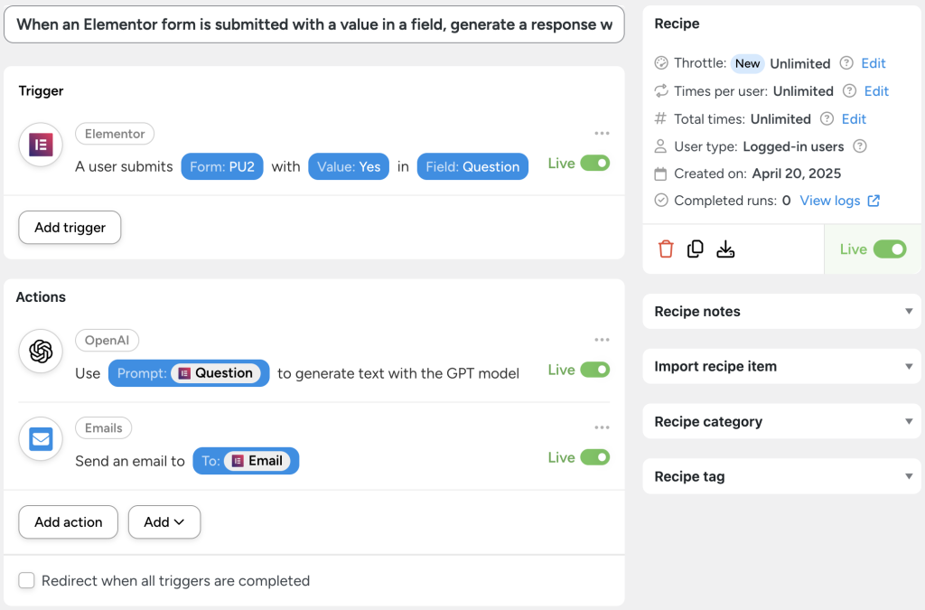 Automator recipe that uses Elementor forms to collect user input, generate a response with GPT, and email the reply—demonstrating how to enhance interactivity with AI-powered responses from Elementor form submissions.