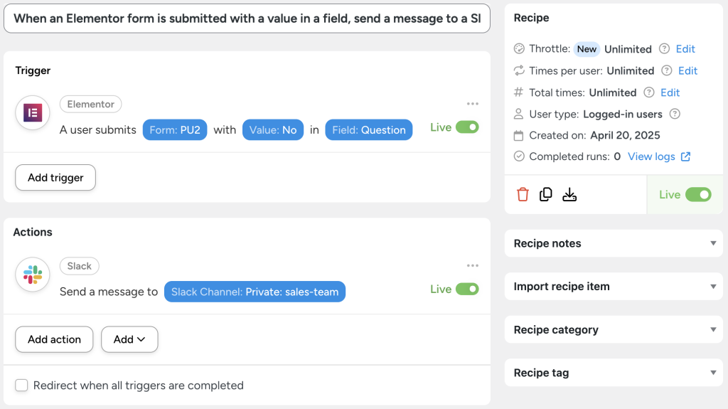 Uncanny Automator recipe that uses Elementor forms to send Slack messages based on specific field values.
