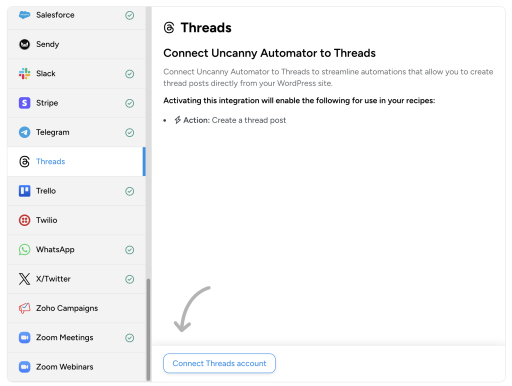Uncanny Automator integration settings showing the option to connect a Threads account to enable the "Create a thread post" action.