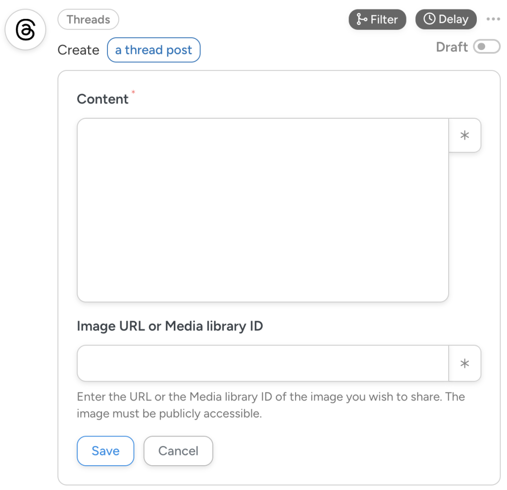 Threads integration interface in Uncanny Automator, showing the “Create a thread post” action with fields for post content and an optional image URL or media library ID.
