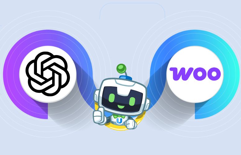 Automator’s mascot, U-Bot, positioned between the OpenAI and WooCommerce logos, symbolizing how to connect OpenAI to WooCommerce for seamless integration.