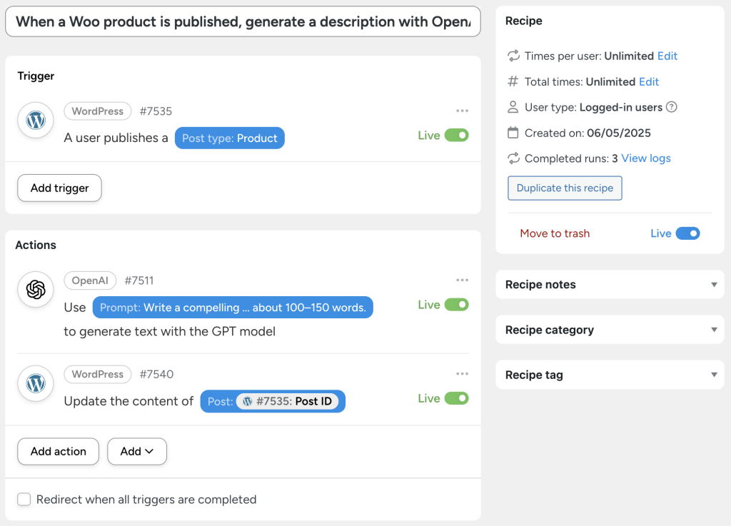 Automator recipe showing an OpenAI WooCommerce plugin integration to generate a product description with the GPT model with a product is published.