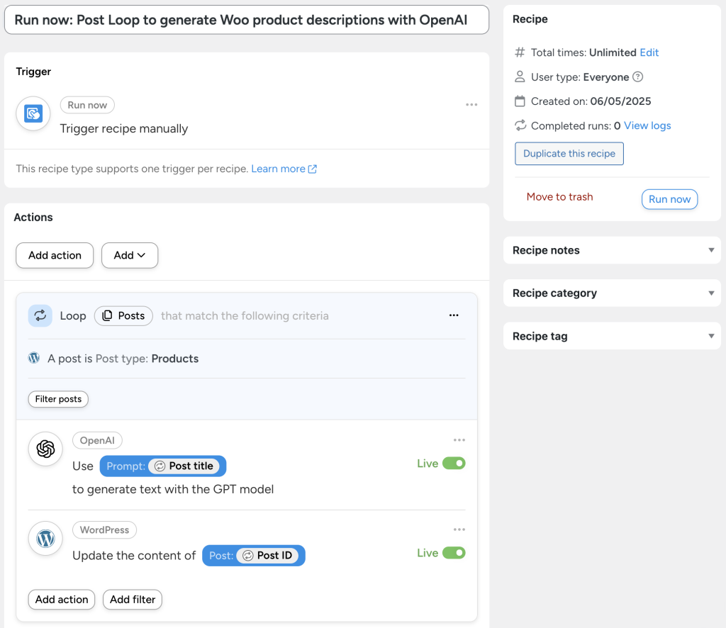 Automator recipe using a post loop to connect OpenAI to WooCommerce and generate product descriptions in bulk.