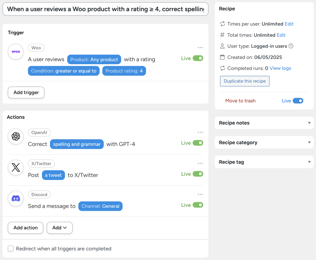 Automator recipe to connect OpenAI to WooCommerce and auto-correct positive product reviews before posting to X and Discord.
