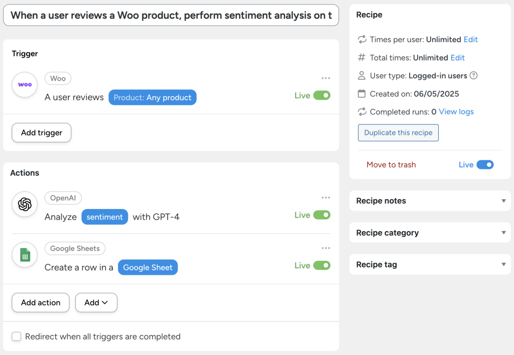Recipe to connect OpenAI to WooCommerce for sentiment analysis of product reviews and auto-log results to Google Sheets.