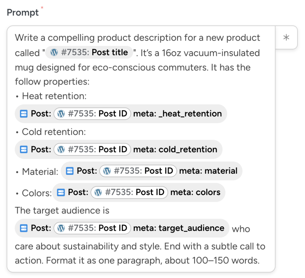 OpenAI prompt field showing dynamic tokens used to generate a WooCommerce product description, including product title, attributes, and target audience.