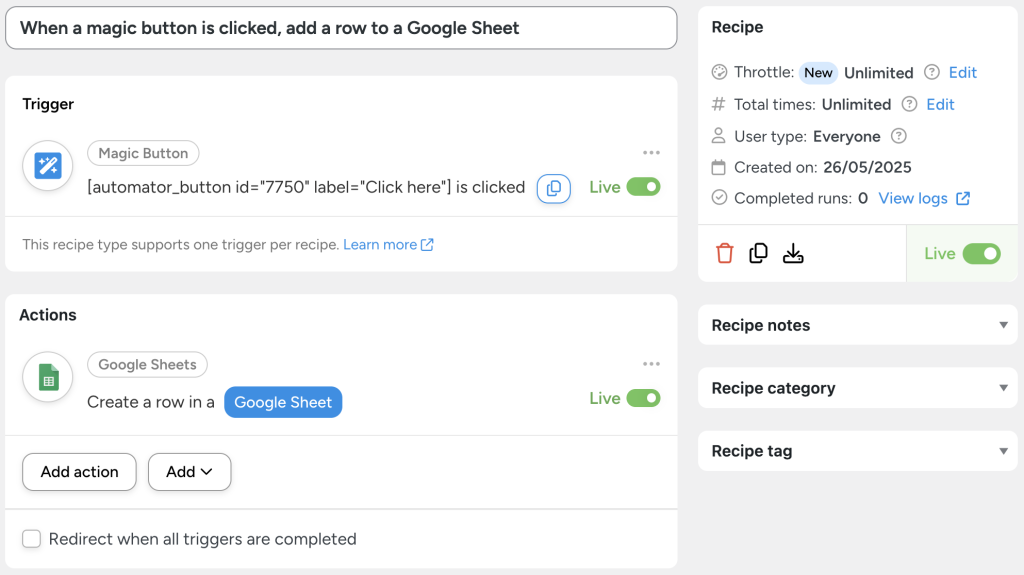 Uncanny Automator recipe that logs button clicks to a Google Sheet—capturing IP address, timestamp, and more. Ideal for tracking anonymous shoppers without requiring logins.