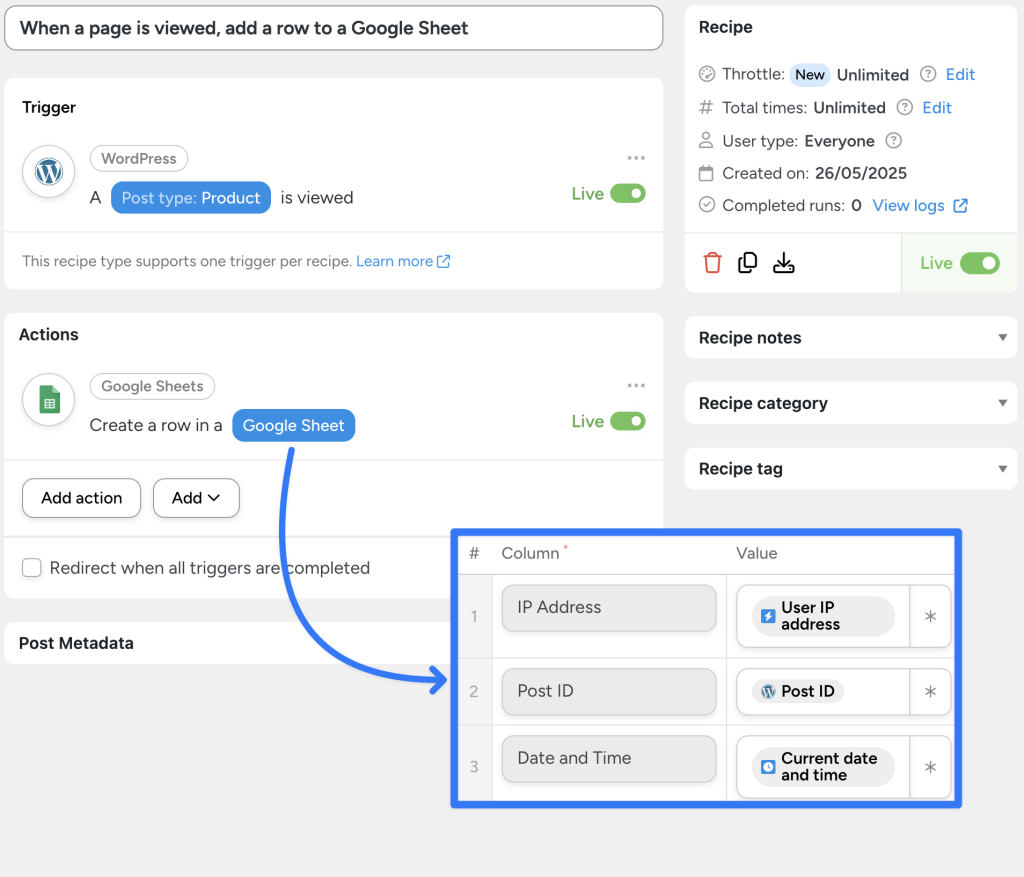 Uncanny Automator recipe that logs page views to a Google Sheet when a WooCommerce product page is viewed—capturing IP address, post ID, and timestamp. Ideal for tracking anonymous shoppers without requiring logins.