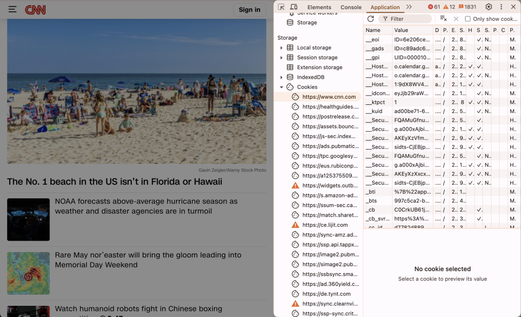 CNN webpage alongside the browser’s developer tools, specifically the Application tab showing cookie data. This setup highlights how websites collect tracking information—key to identifying anonymous shoppers through cookies and behavioral data.
