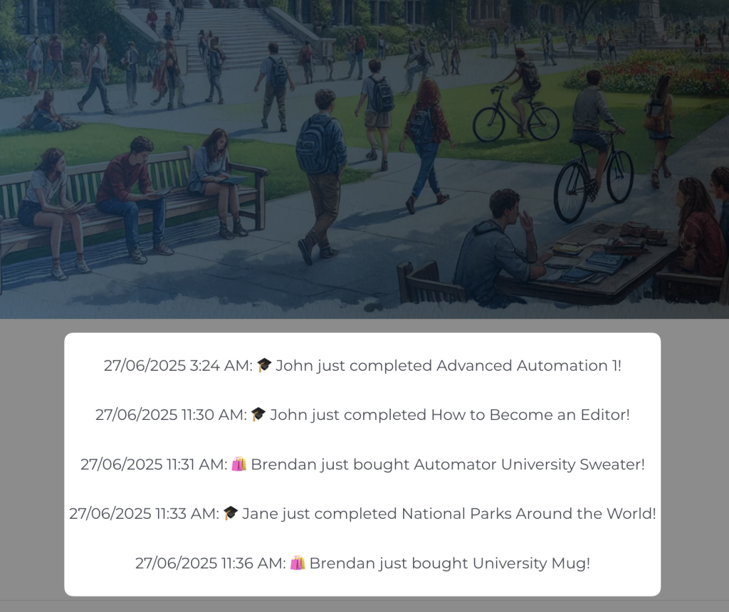 Automated sitewide activity stream displaying dynamic content in WordPress using the Automator Dynamic Content Addon.