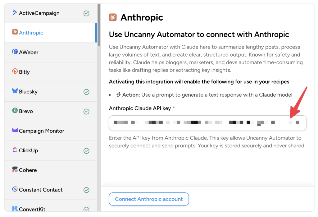 The Uncanny Automator app integration interface where users can enable AI integration with Anthropic by entering their Claude API key.