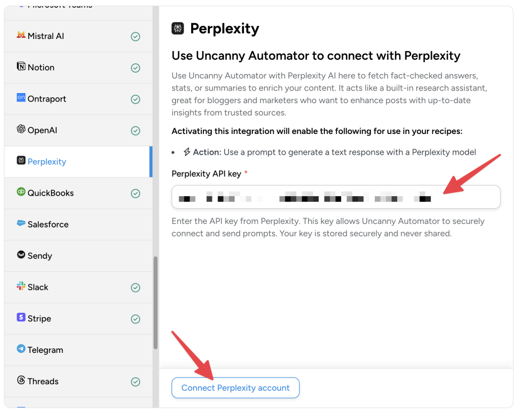 The Uncanny Automator app integration interface where users can enable AI integration with Perplexity by entering their Perplexity API key.