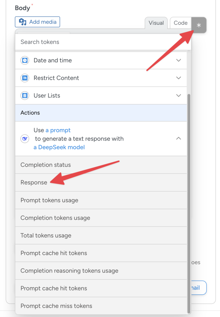 Uncanny Automator token selector dropdown list with a red arrow pointing to an asterisk and another red arrow pointing to the “Response” token.