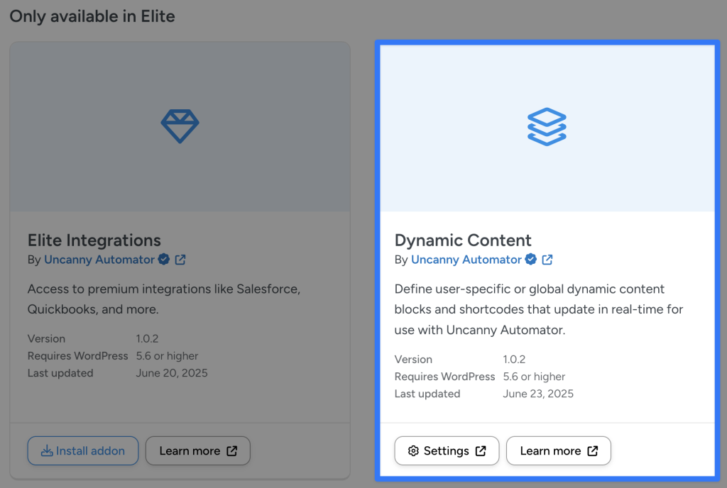 Screenshot of Uncanny Automator's Elite addons showing the Dynamic Content addon for WordPress, which allows users to create user-specific or global dynamic content blocks and shortcodes that update in real-time.