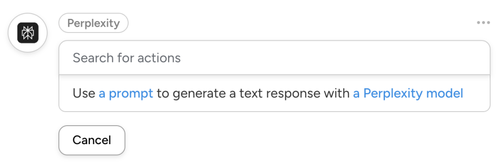 Uncanny Automator action dropdown list for Perplexity WordPress integration, showing the action “Use a prompt to generate a text response with a Perplexity model”.