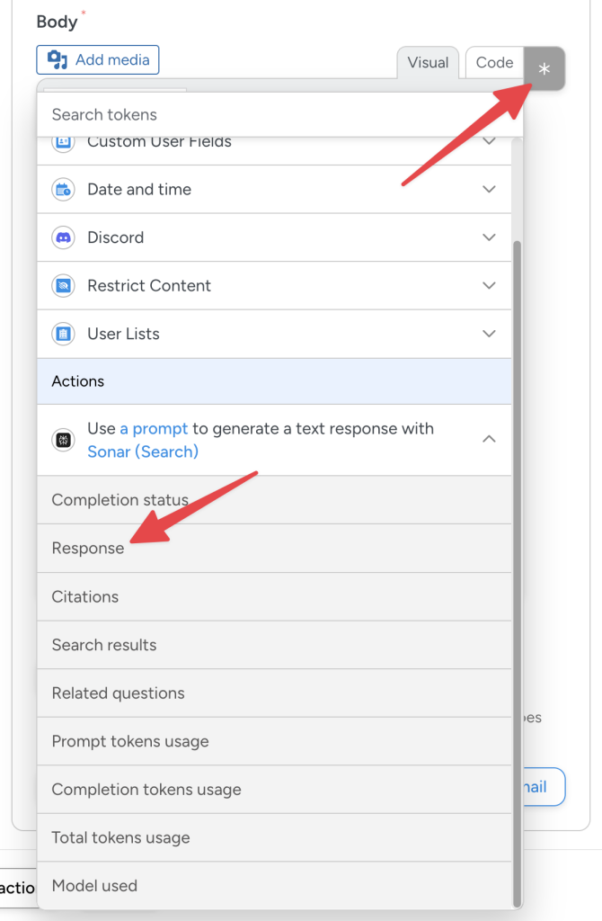 Automator token selector for Perplexity WordPress integration, with red arrows pointing to an asterisk and the “Response” token.