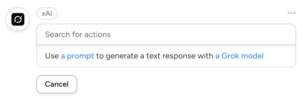 Uncanny Automator xAI actions dropdown list, showing the action, “Use a prompt to generate a text response with a Grok model”.