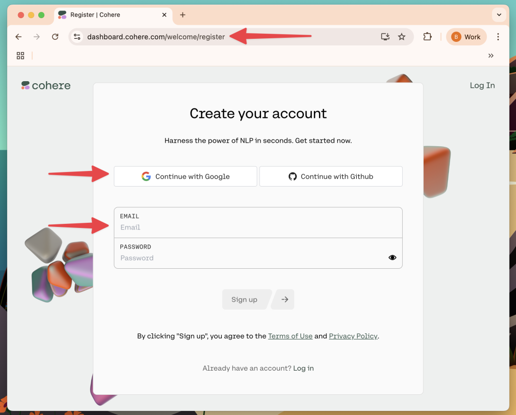 Cohere registration page with red arrows pointing to the different options for signing-in or registering.