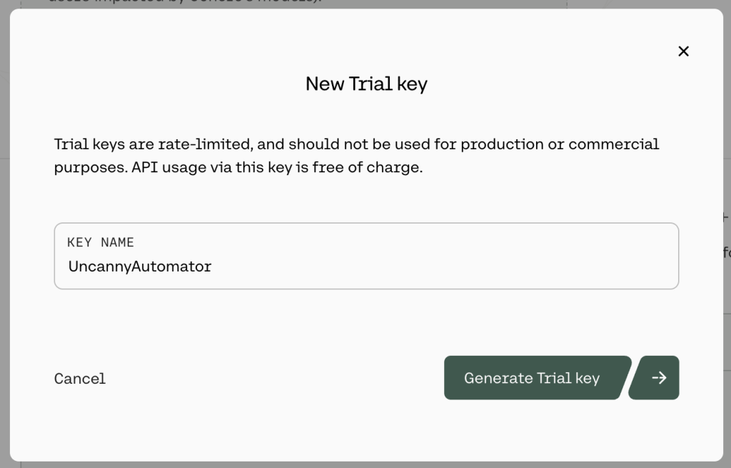 Cohere modal titled “New Trial key” for naming new API keys.