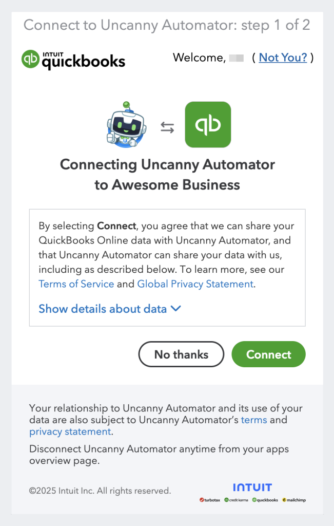 connecting-uncanny-automator-to-quickbooks-business-modal QuickBooks plugin for WordPress connection modal showing step 1 of 2 to connect Uncanny Automator, with “Connect” and “No thanks” buttons.