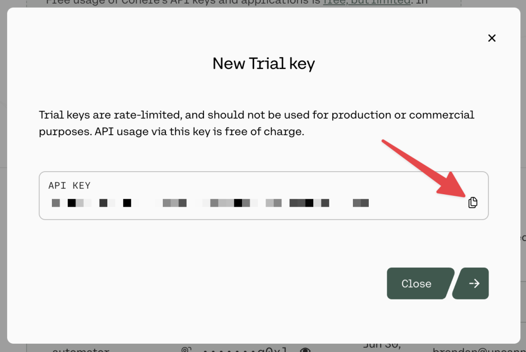 Cohere modal displaying a new API key with a red arrow pointing to the “copy” icon”.