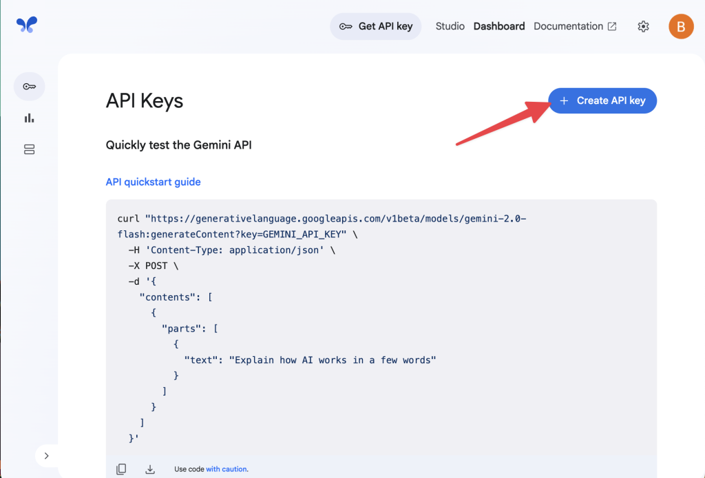 Google AI Studio API Keys page with an arrow pointing to the “Create API key” button.