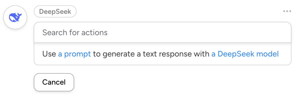 Uncanny Automator DeepSeek actions dropdown list, showing the action, “Use a prompt to generate a text response with a DeepSeek model”.