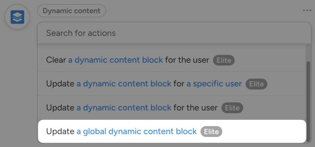 Automator Dynamic Content Addon action selection, highlighting “Update a global dynamic content block”.