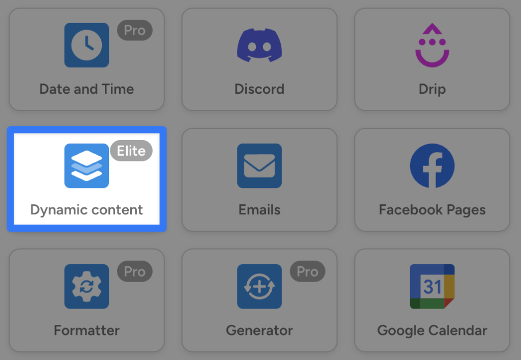 Uncanny Automator integration selection grid, highlighting the Dynamic content for WordPress integration.