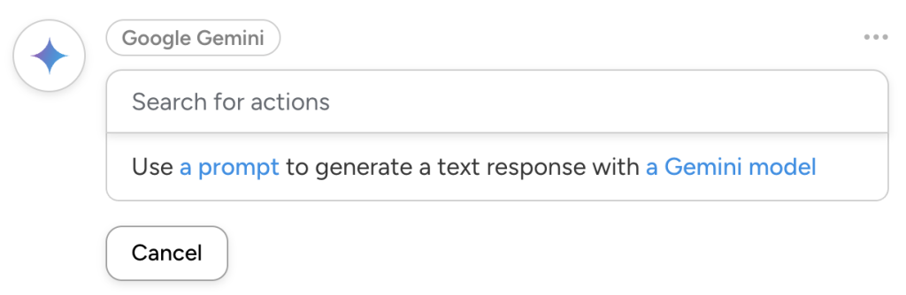 Uncanny Automator Google Gemini actions dropdown list, showing the action, “Use a prompt to generate a text response with a Gemini model”.
